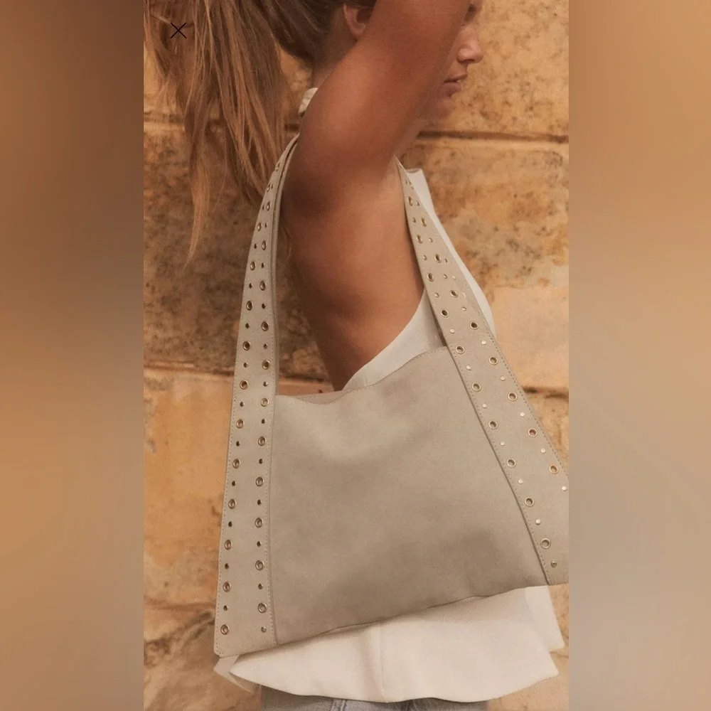 Zara 100% cow leather Elegant Beige Studded Women's Bag‎